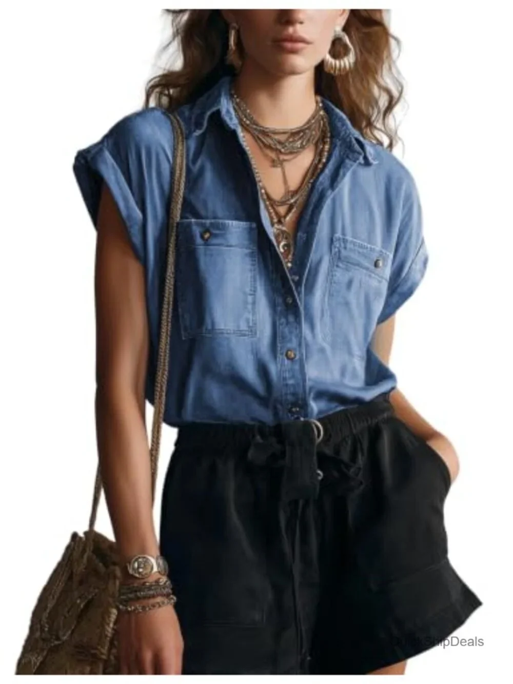Denim Button Down Shirt Cap Sleeve Casual Western Blouse Top